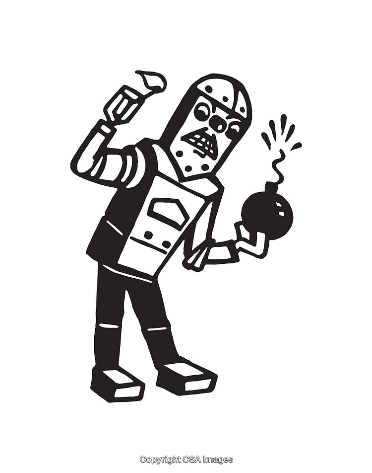 Black And White Illustration of a Robot Holding a Bomb