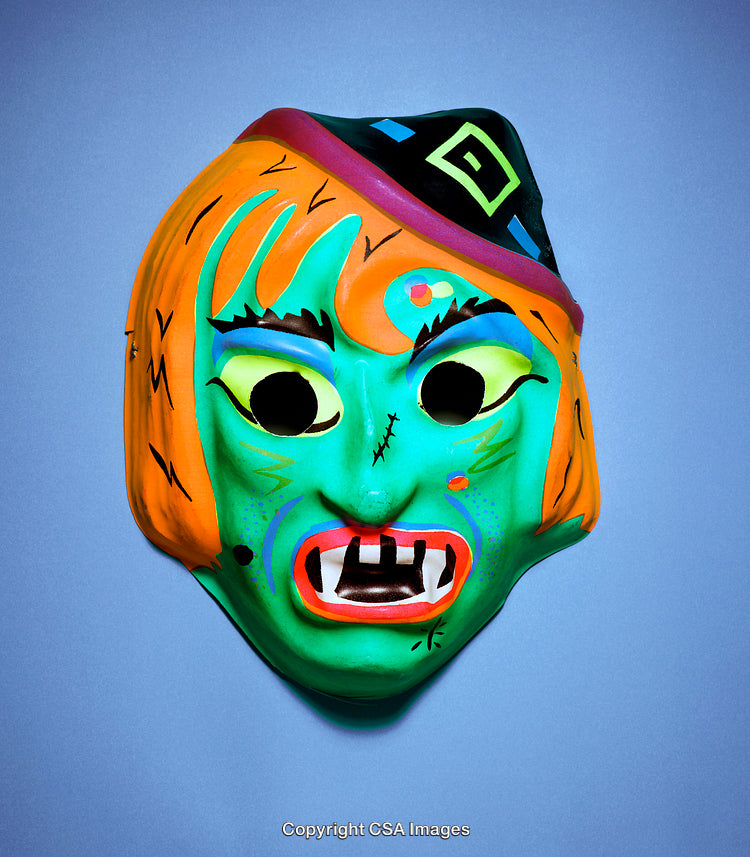 Colorful Halloween Mask of a Witch on a Blue Background