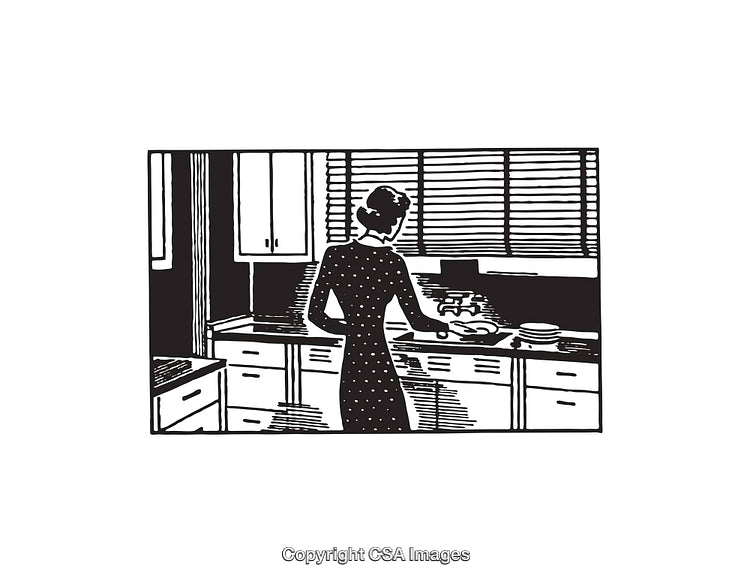 Black and White Illustration of a Woman in a Mid-Century Kitchen