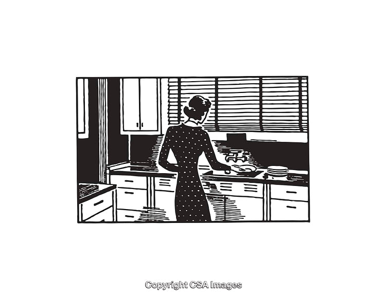 Black and White Illustration of a Woman in a Mid-Century Kitchen