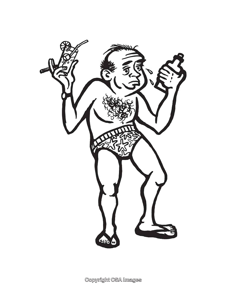 Black and White Cartoon Illustration of a Man Holding Drinks in Swimwear