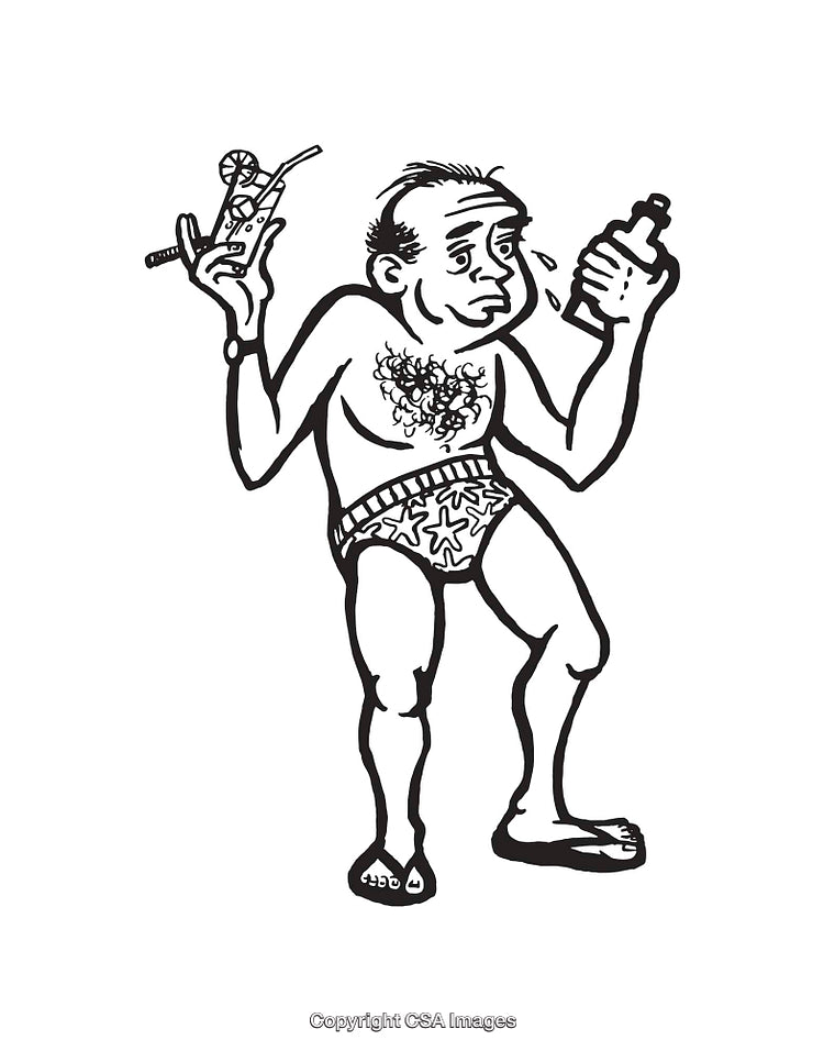 Black and White Cartoon Illustration of a Man Holding Drinks in Swimwear
