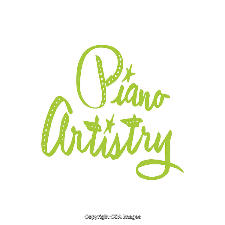 Green Hand-Lettered Typography Reading 'Piano Artistry' with Star Accents