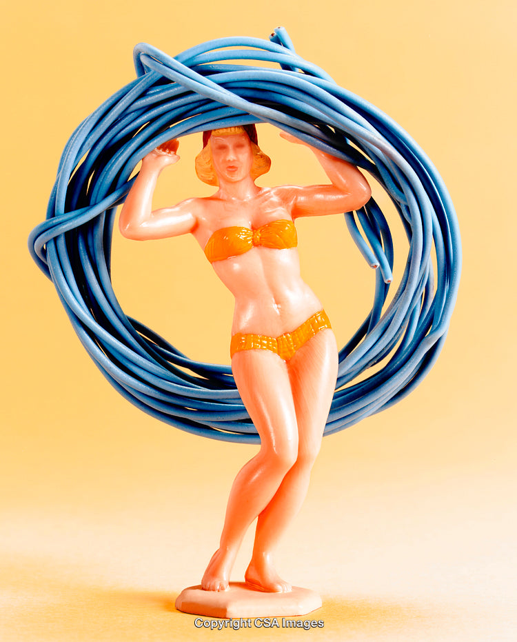 Retro Plastic Toy Lady Wrapped in Blue Cable on Yellow Background
