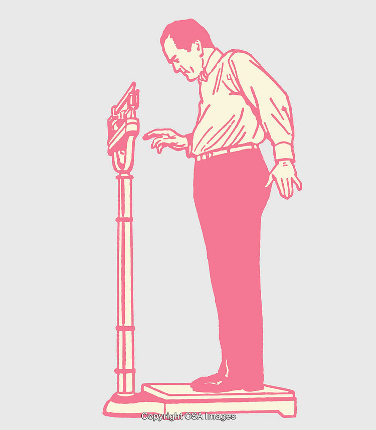 Vintage Line Art of Man Measuring Weight Using Scale Machine
