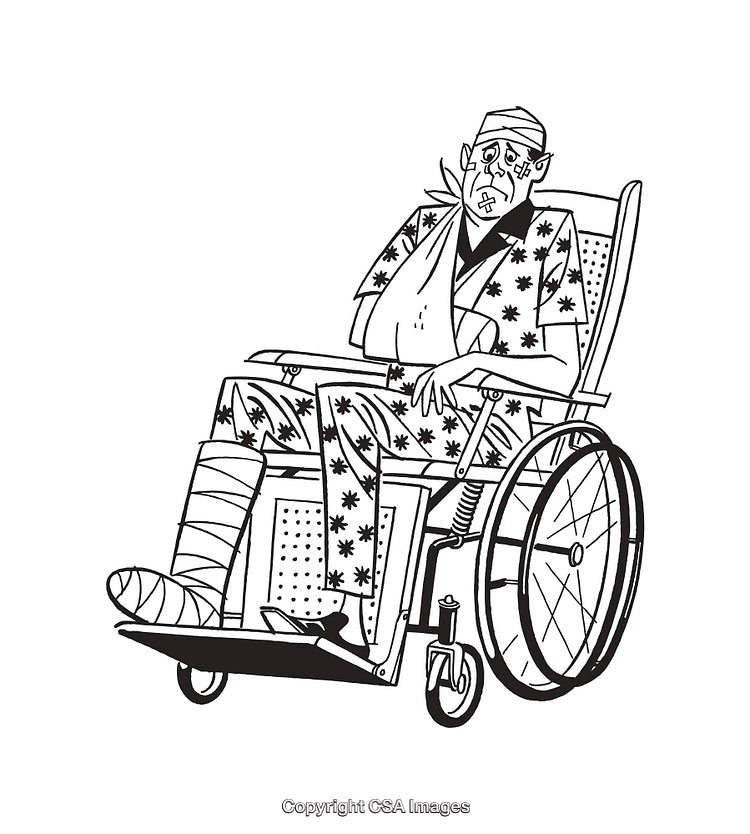 Black And White Illustration of Person in a Wheelchair with Injuries