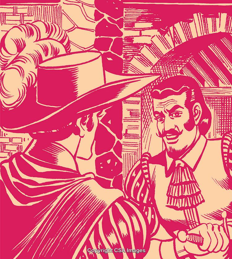 Vintage Illustrated Scene of Two Renaissance Men Engaged in Conversation