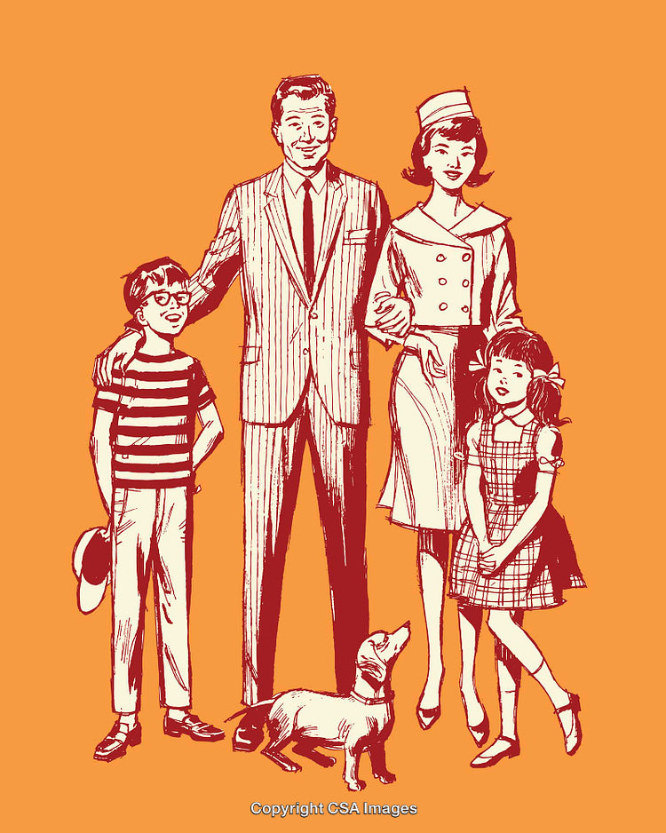 Retro Illustration of a Happy Family Posed Together with Pet Dog