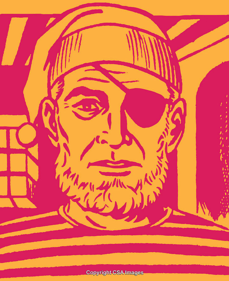 Woodblock Style Illustration of a Pirate Themed Character with Beard and Eye Patch