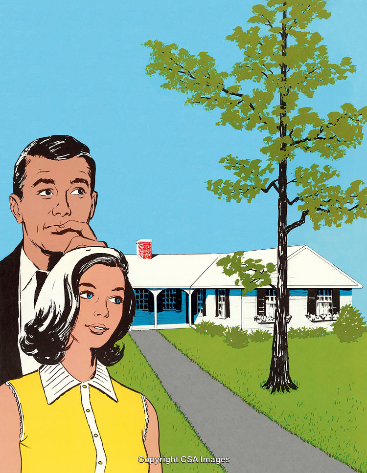 Vintage Illustration of a Couple with a House in the Background