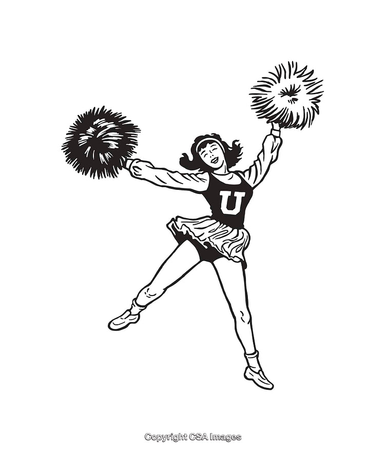 Black and White Cheerleader Line Art Illustration with Pom-Poms