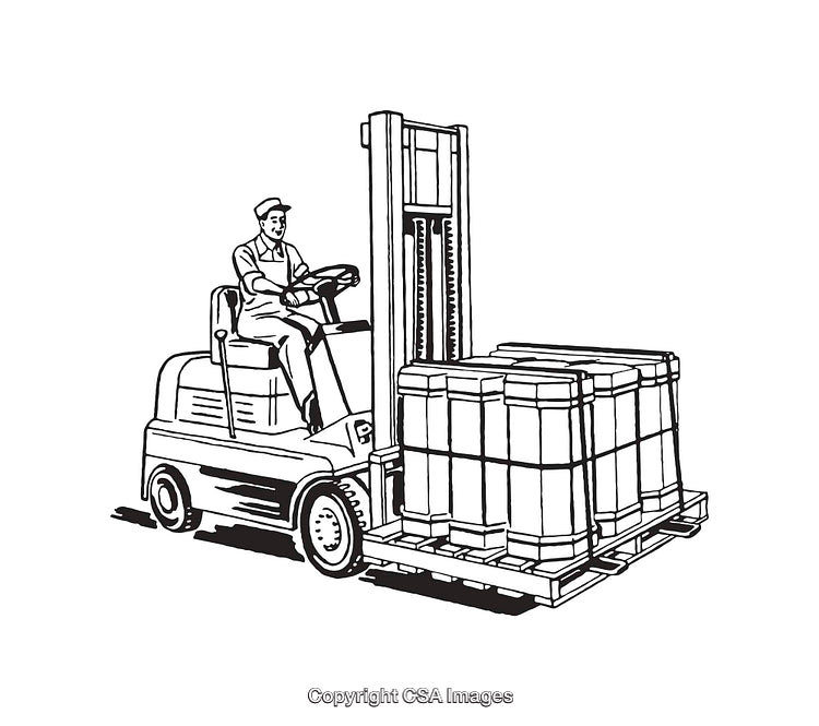 Forklift Operator Handling Palletized Goods in Black and White Line Art Illustration