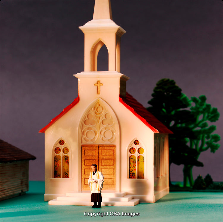 Miniature Church Scene with Priest Standing on Steps