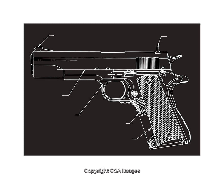 Detailed Blueprint Diagram of a Handgun on a Black Background