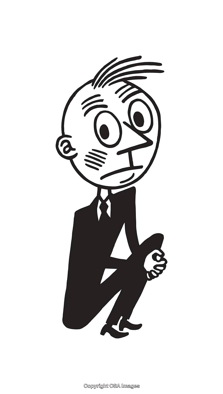 Black and White Line Art Illustration of a Seated Cartoon Man