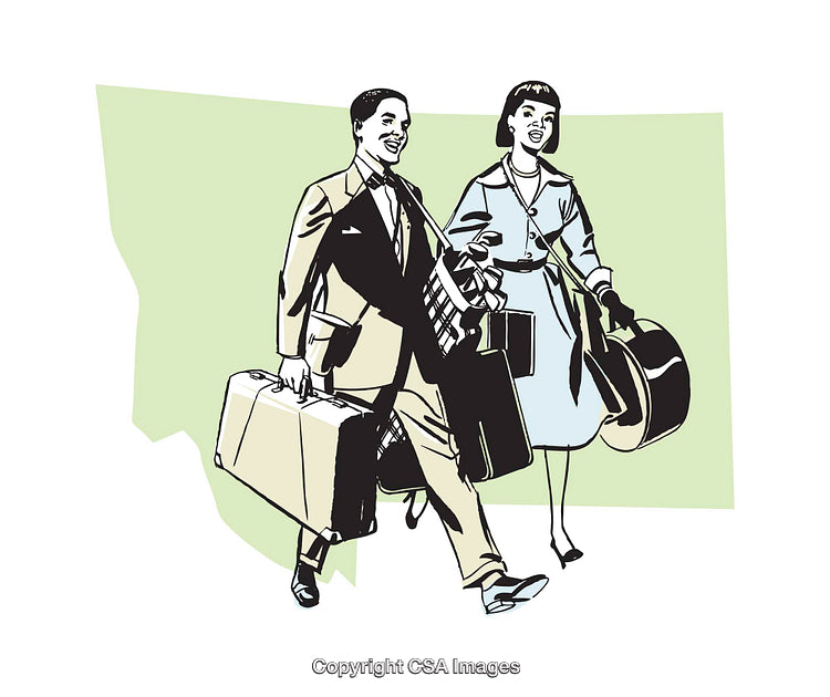 Retro Illustration of a Smiling Couple Carrying Luggage in Style