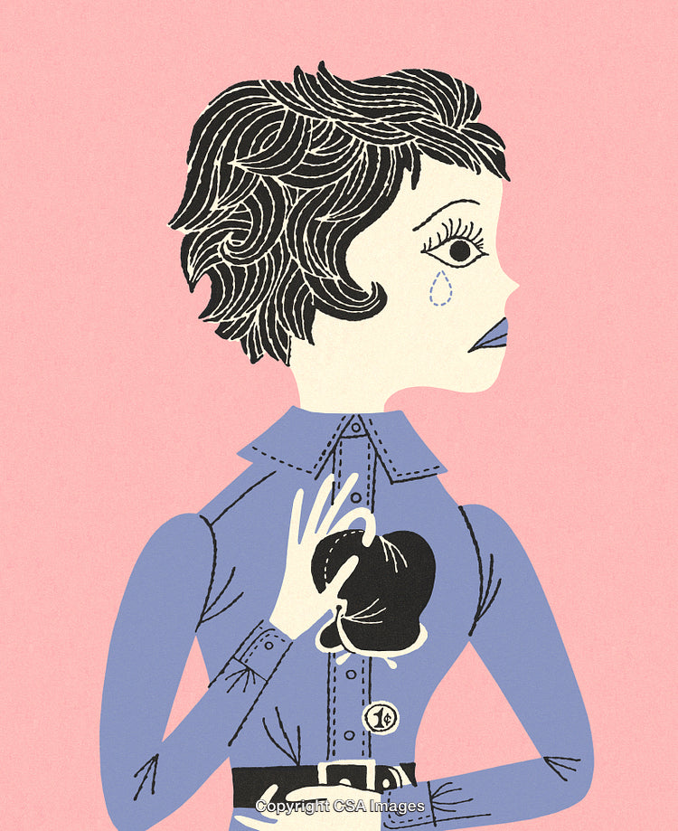 Emotional Illustration of a Woman Holding a Black Shape Against a Pink Background