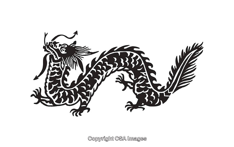 Black and White Line Art of a Decorative Dragon Design