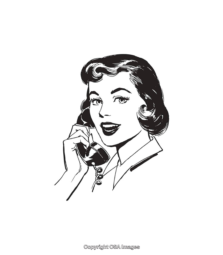 Retro Line Art Illustration of a Smiling Woman on a Telephone