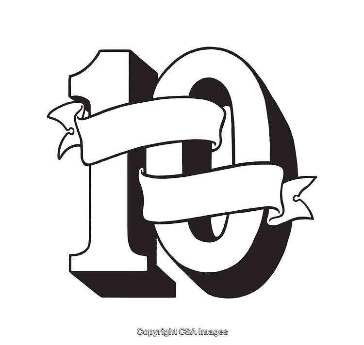 Black and White Stylized Number 10 Illustration with Ribbon Decoration