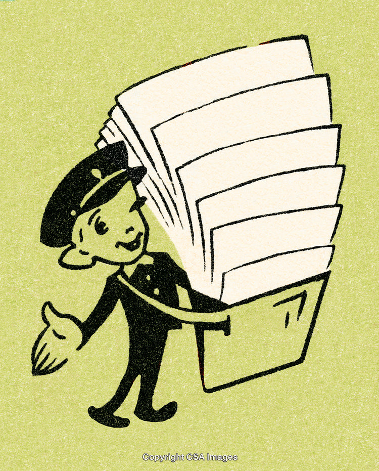 Vintage Cartoon Mail Carrier with Oversized Letter Document Stack