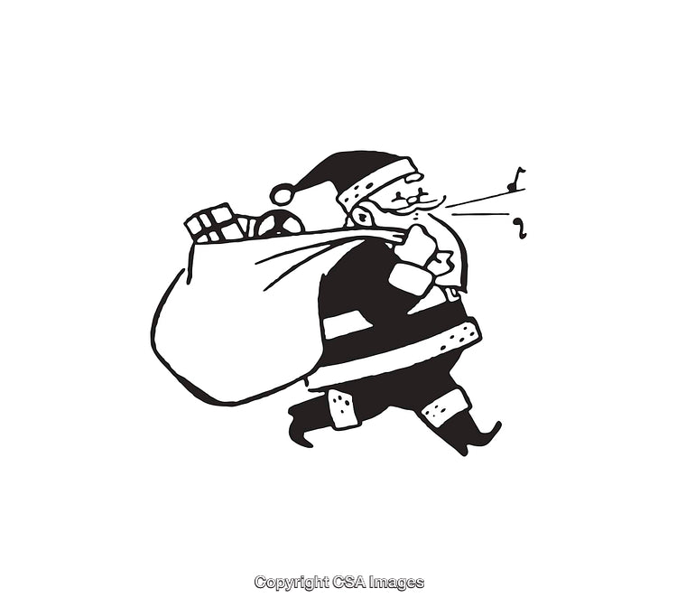 Black and White Illustration of Santa Carrying a Sack of Christmas Gifts