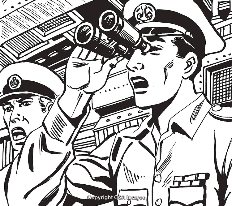 Retro Illustration of Naval Captains Observing Through Binoculars on a Ship