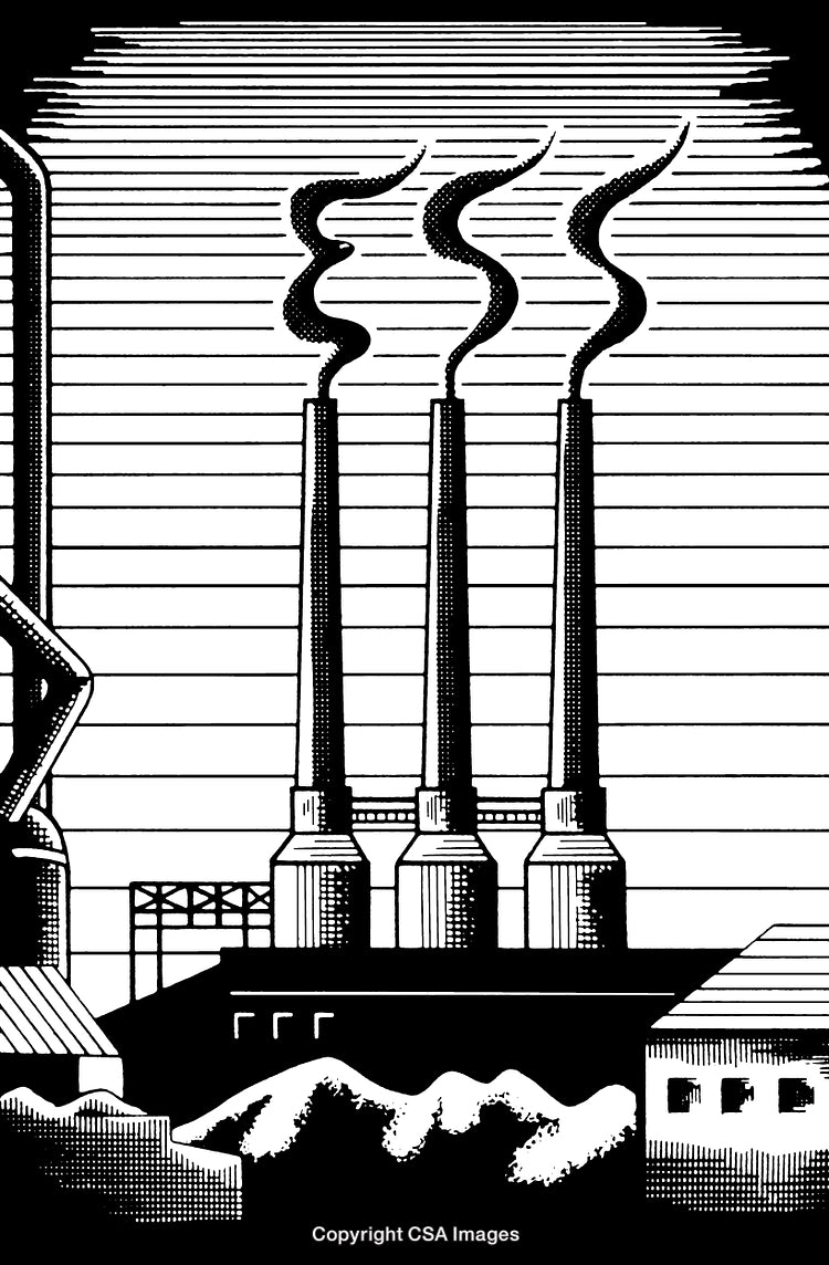 Black and White Engraving of Industrial Factory with Smokestacks