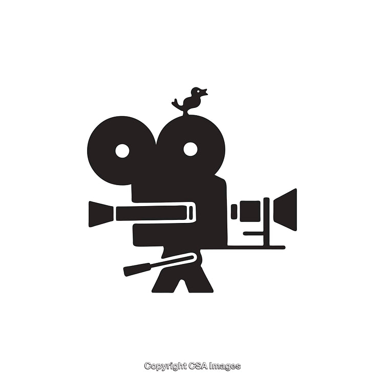 Black and White Icon of Vintage Film Camera with Bird