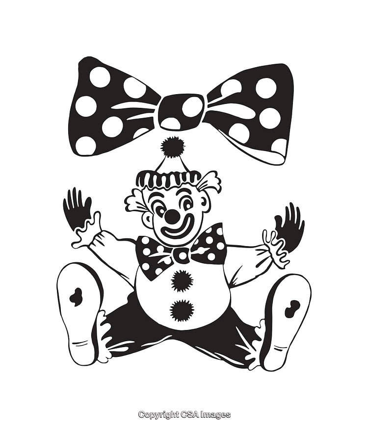 Black and White Line Art of a Cheerful Clown with Big Bow Tie