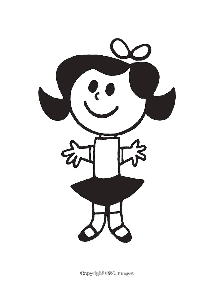 Cute Black and White Line Art of a Happy Girl Illustration