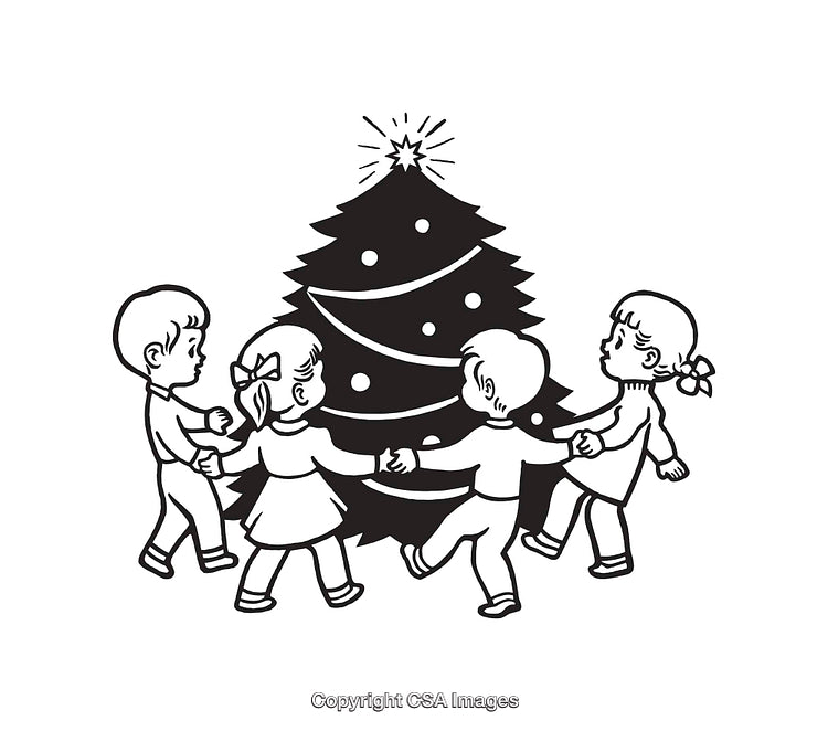 Children Holding Hands Dancing Around a Decorated Christmas Tree