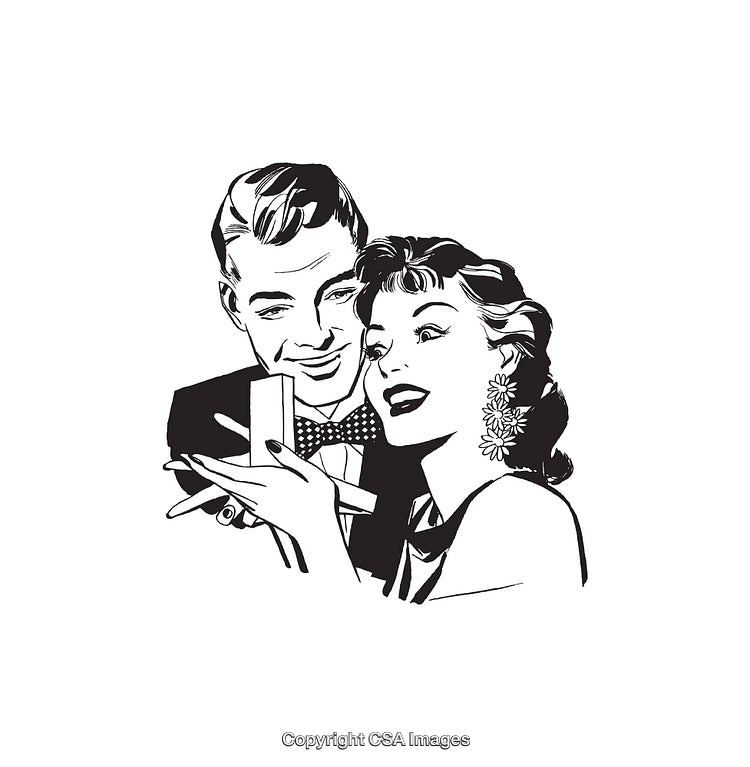 Retro Black And White Illustration of A Couple with Jewelry Gift Box