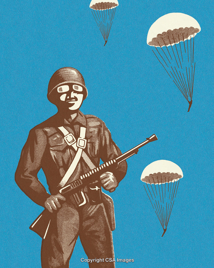 Illustration of a Soldier with Parachutes in a Vintage Art Style