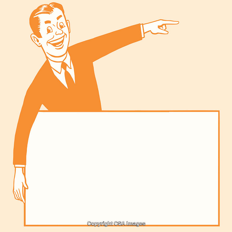 Retro Styled Businessman Pointing to a Blank Banner for Advertisement