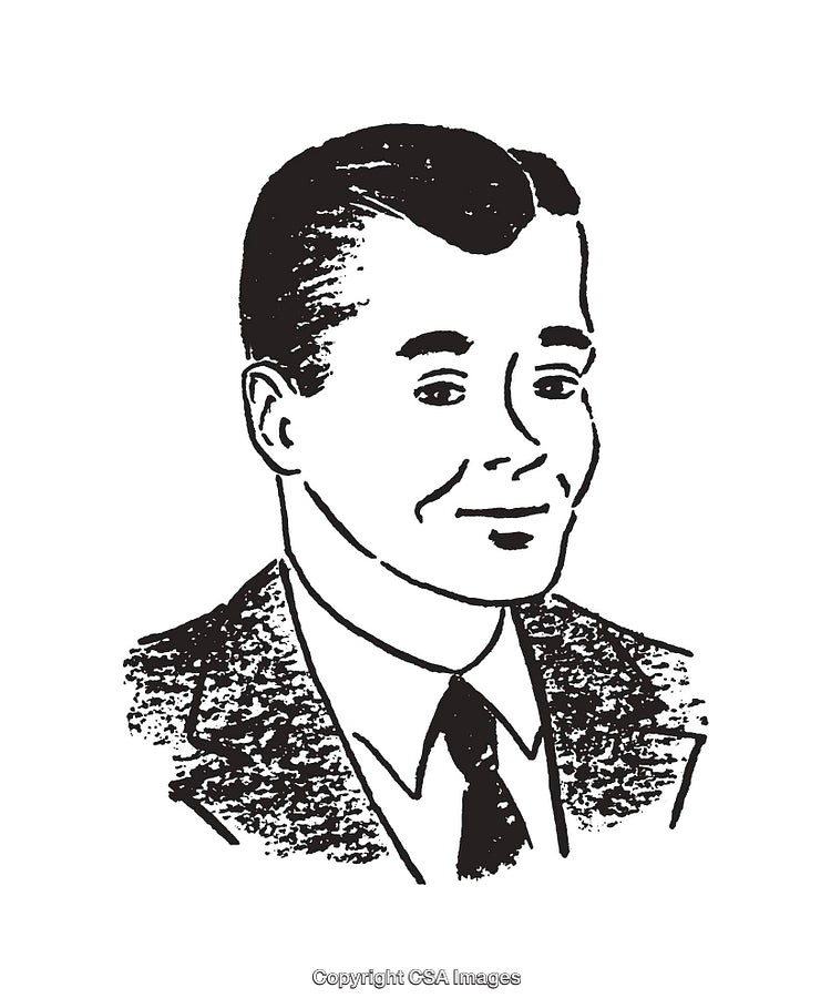 Vintage Black and White Line Art Illustration of a Man Smiling