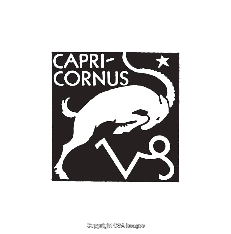 Black and White Capricorn Zodiac Sign Illustration with Goat Motif Symbolism