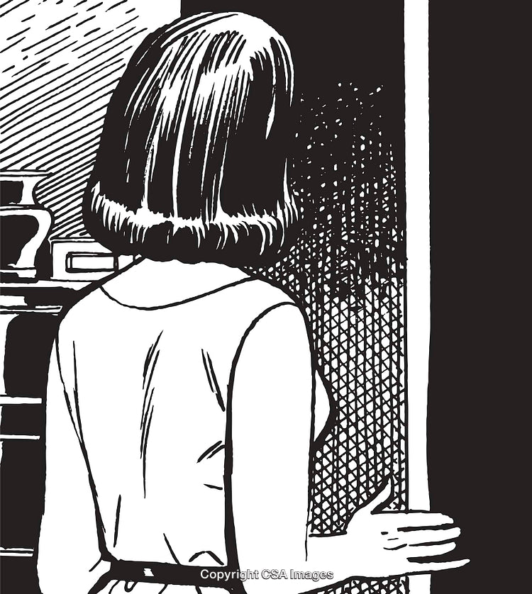 Black and White Illustration of a Woman Entering a Room