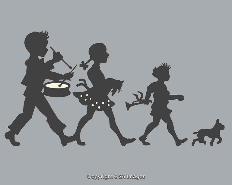 Silhouette of Children Playing Musical Instruments and Walking Together