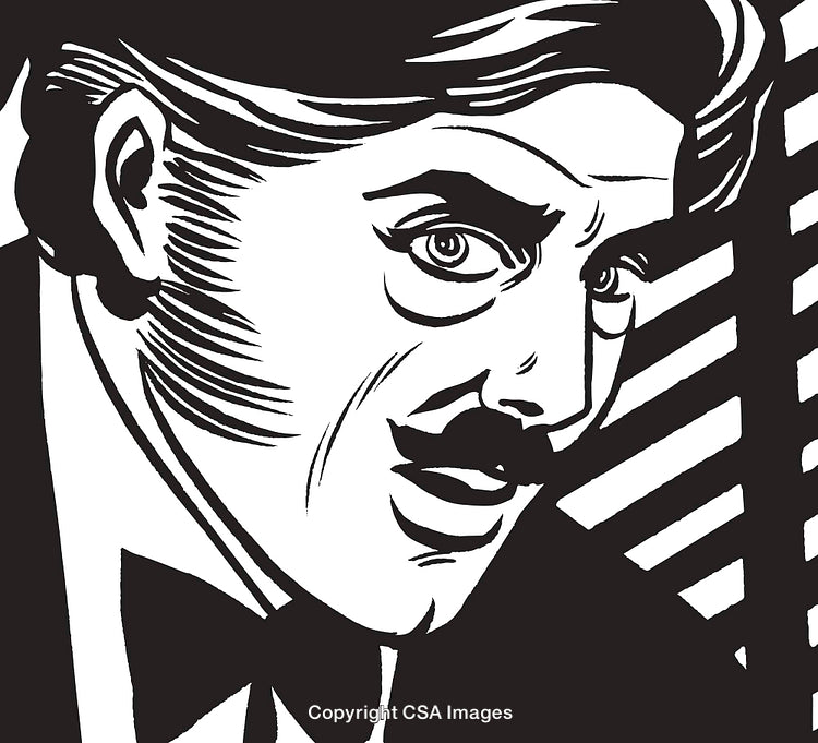 Black and White Retro Pop Art Illustration of Man in Dramatic Pose