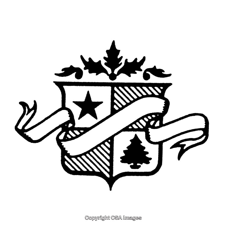 Black and White Heraldic Crest with Ribbon and Symbols