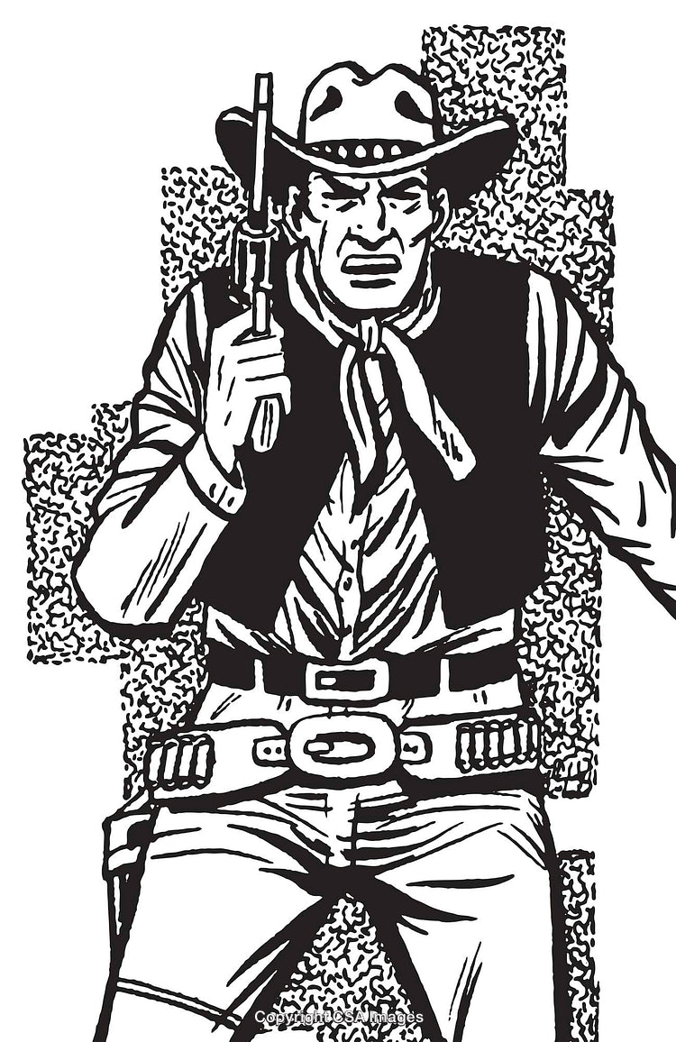 Vintage Black and White Illustration of a Cowboy Holding a Revolver