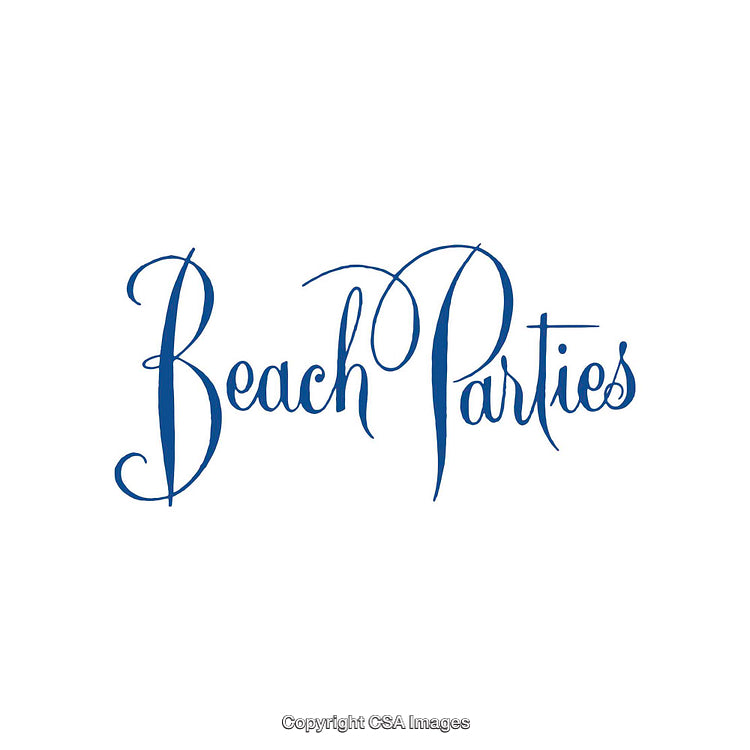 Elegant Blue Calligraphy Featuring the Phrase 'Beach Parties' on White Background