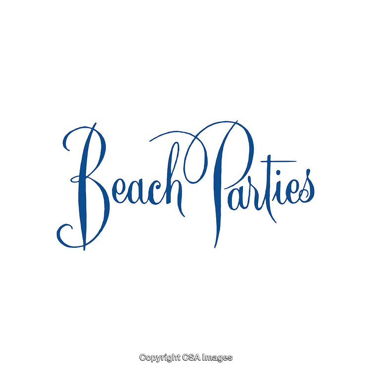Elegant Blue Calligraphy Featuring the Phrase 'Beach Parties' on White Background