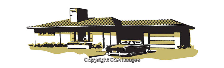 Vintage Ranch Style House Illustration with a Classic Car in Front Yard