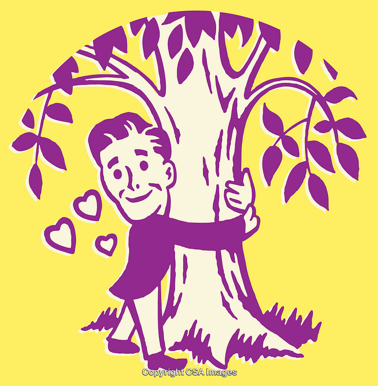 Romantic Illustration of a Character Hugging a Tree with Heart Icons
