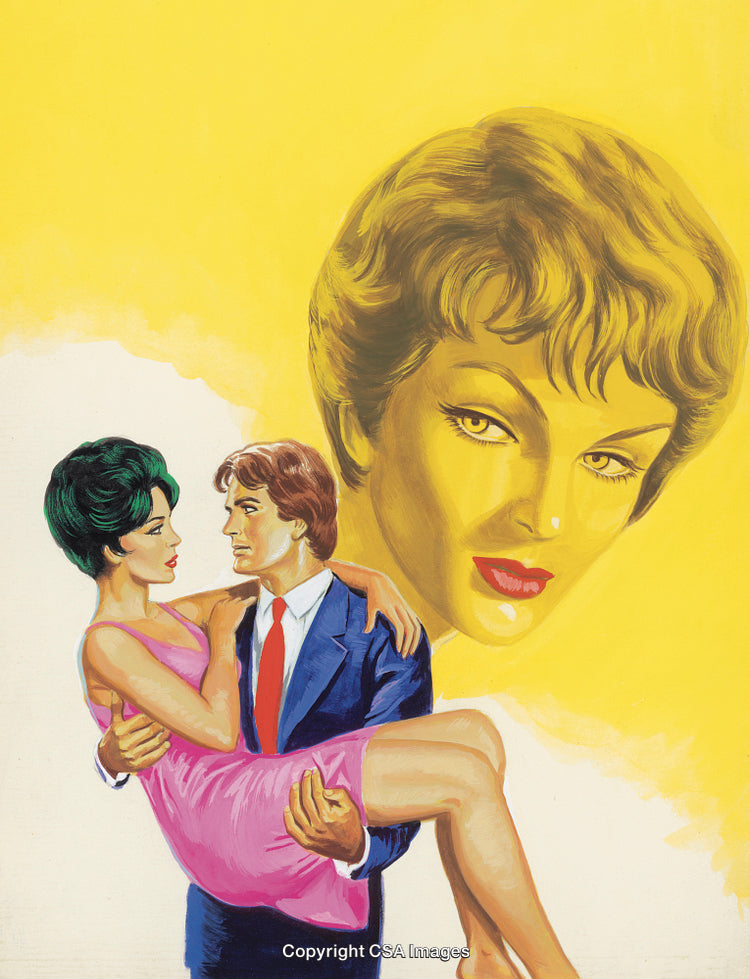 Romantic Couple Embracing with Woman's Face in Artistic Background Illustration