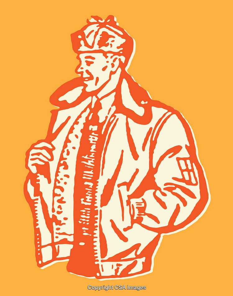 Stylized Line Art of a Man Wearing Classic Clothing on Orange Background