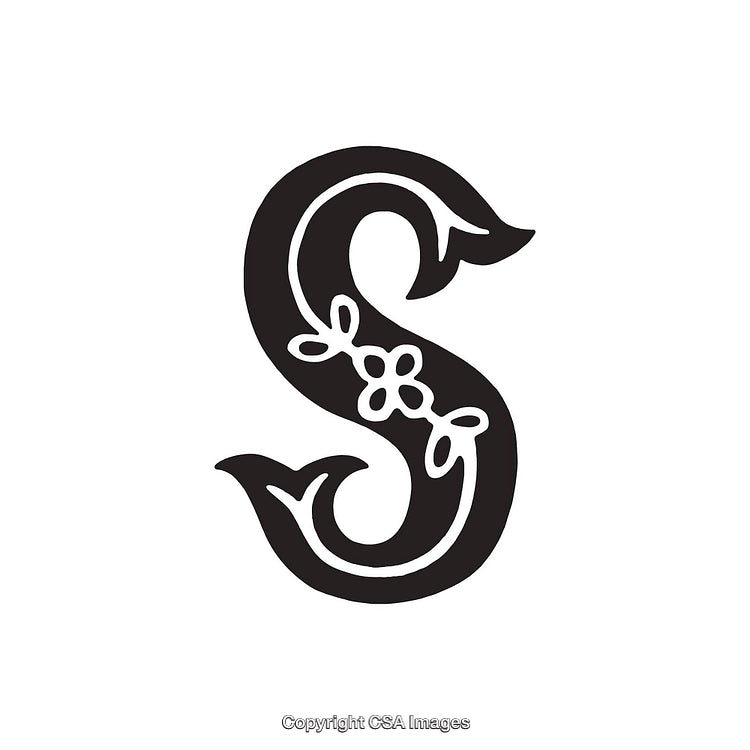 Elegant Stylized Letter S with Floral Embellishments in Black and White Design