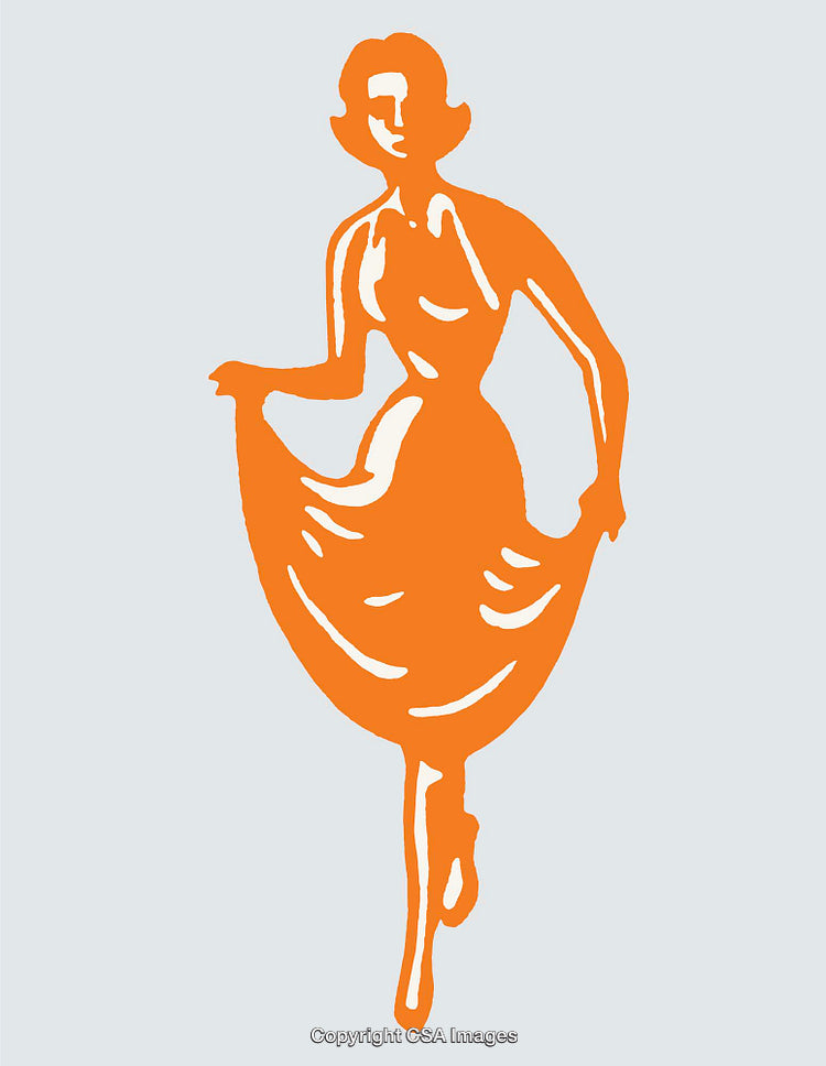 Orange Silhouette Woman in Flowing Dress Line Art Illustration
